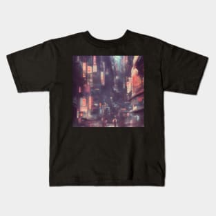 Urban Atmosphere Artistry - Moody Anime Noir Cinematic Japanese Cityscape Kids T-Shirt